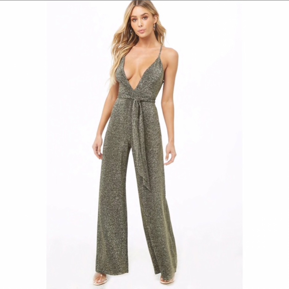 Wide Leg Gold Sparkle Deep V Jumpsuit